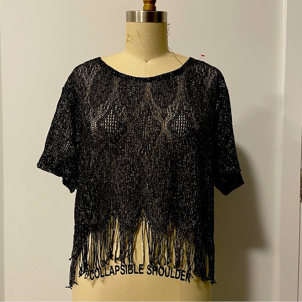 Sharade Black & Gold Metallic Fringe Cropped Top